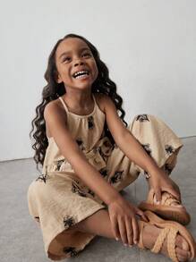 Maija Kids Maija Kids Kleine Mädchen Ferien Lässig mode ärmelloses Rüschen Dekor Loose Top und gerades Bein Hosen Set, Stickerei, beige, vielseitig, Frühling/Sommer