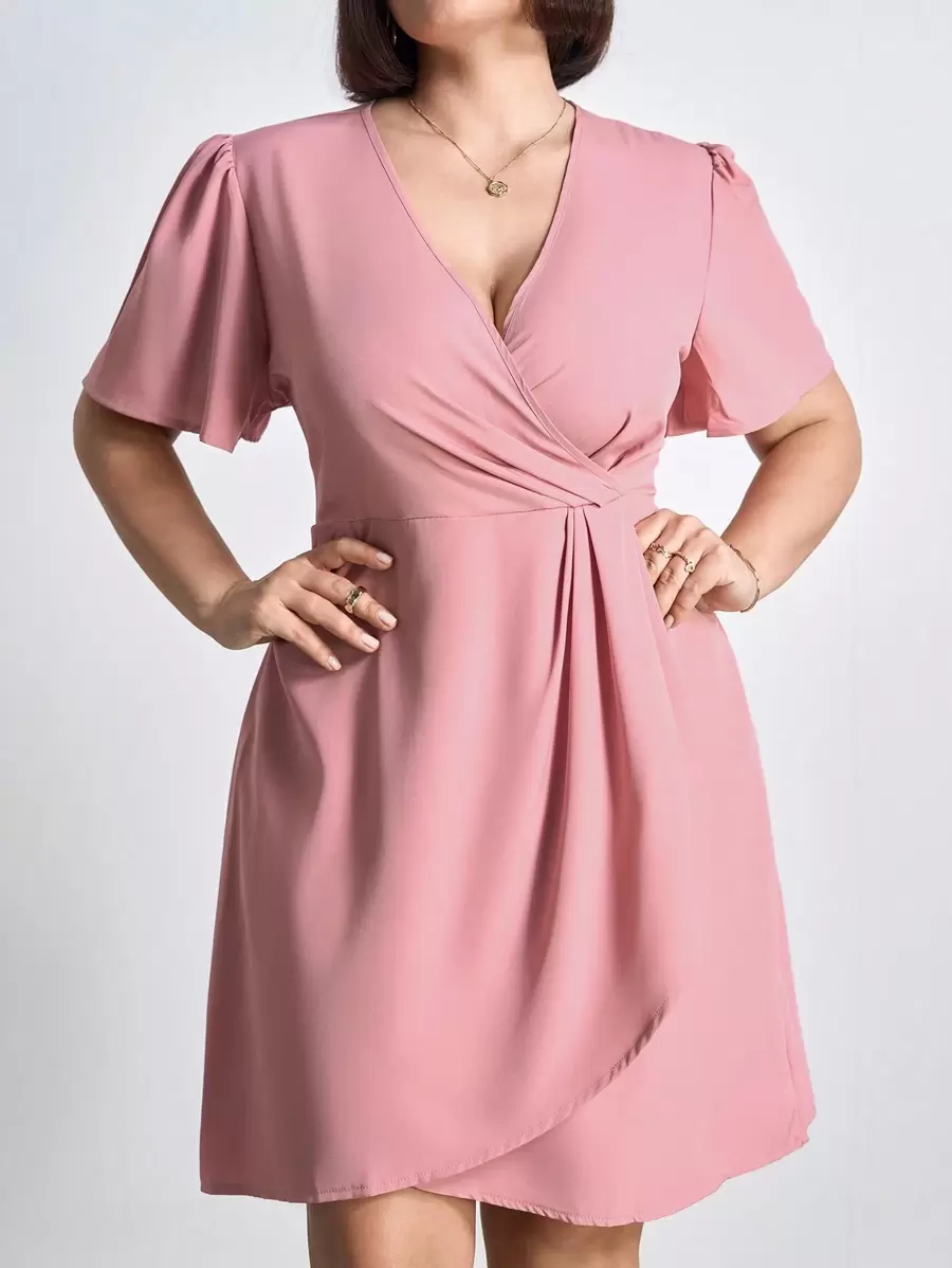 Chikora Plus Surplice Neck Wrap Hem Dress,Office Outfits For Women - Dusty Pink - View 1