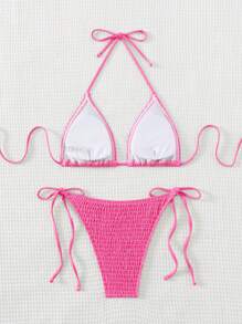 Swim Mod 2pcs Solid Color Halter Neckline Bikini Set With Triangle Bottom, Simple & Fashionable, Suitable For Summer - Hot Pink - View 2