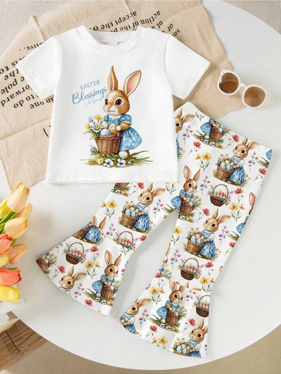 2 件年轻女孩简约时尚短袖 T 恤和裤子套装，适合夏季