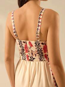 CAJUNI 女式波西米亚风热带花卉印花无袖宽松裤腿假日休闲夏季海滩杏色连体裤 - 彩色 - 查看 6