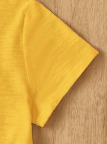 SHEIN EZwear 女士黄色针织圆领短袖荷叶边下摆休闲 T 恤 - 黃色 - 查看 4