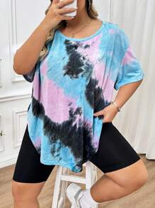 SHEIN CURVE+ Plus Size Women's Random Tie Dye Pattern Curved Hem T-Shirt - Multicolor - View 3