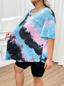 SHEIN CURVE+ Plus Size Women's Random Tie Dye Pattern Curved Hem T-Shirt - Multicolor - View 4