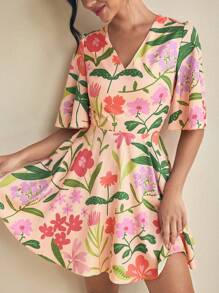 Miriam Omar Pink Floral Print V-Neck Butterfly Sleeve Tie Back Mini Dress Spring And Summer Dress For Women Vacation Sundress, Rave, Pastel, Prom Dress - Pink - View 7