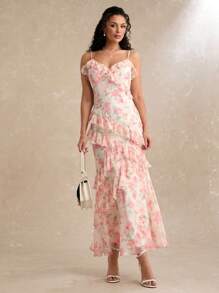 Enchnt Đầm hai dây họa tiết hoa cho nữ viền bèo nhún viền đuôi cá thanh lịch - Màu be - Xem 6