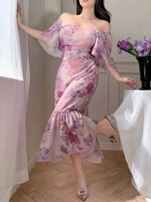 DAZY 情人节雪纺印花方领荷叶边中长连衣裙，女士碎花吊带裙，返校季服装，度假装扮 - 淡紫色 - 查看 10