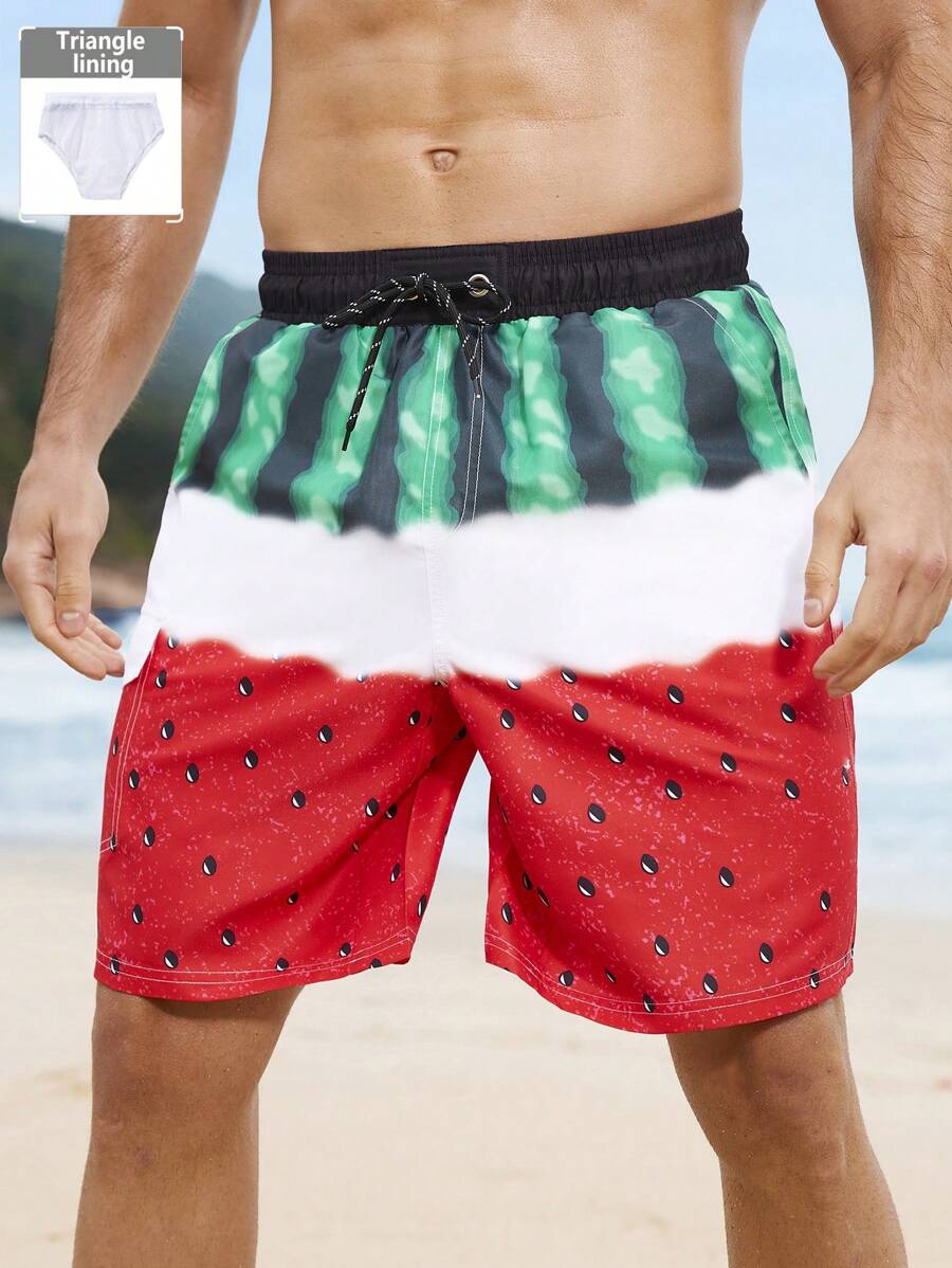 Manfinity KASUA Men's Watermelon Print Drawstring Waist Casual Beach Shorts Men Swim Trunks - Red - View 1