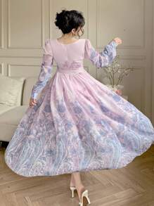 DAZY 波西米亚风全身印花方领春季粉彩中长连衣裙，优雅秋季长袖连衣裙，适合复活节 - 珊瑚粉 - 查看 2