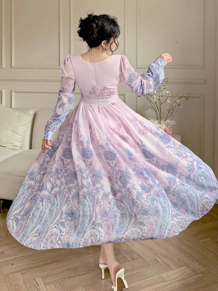 Bohemian Style All-Over Floral Print Square Neck Spring Pastel Midi Dress For Women Elegant,Fall Dress Long Sleeve Dress Easter