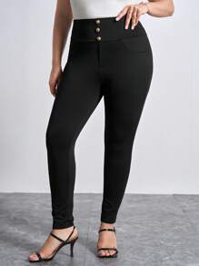 Chikora Pantalones largos de cintura alta de talla grande y ajuste delgado en unicolor para vacaciones y tiempo libre