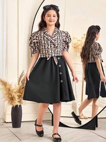 SHEIN Leap Crew 2 件套 Tween 女童休闲字母印花羊腿袖连帽衫和中长款吊带背心连衣裙 - 黑色 - 查看 5