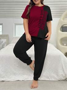Color Block Letter Print Plus Size Women Short Sleeve T-Shirt And Pants Pajama Set, Outfits - Burgundy - View 6