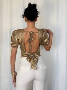 Chiquease 性感金属露背系带泡泡袖衬衫