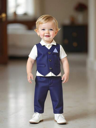 SHEIN Baby Boy Comfortable Single-Breasted Striped Decor V-Neck Vest And Pants Set, Suitable For Wedding, Wedding Guest, Ring Boy, Page Boy