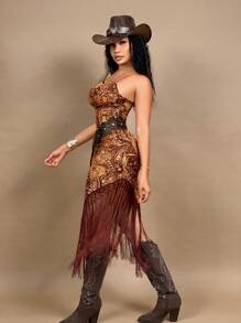 SHEIN SXY Vacation Music Festival Retro Printed Fringed Hem Backless Cami Mid-Length Dress, Women Summer Dresses,Western Wear Women,Boho,Concert Outfit Women,Rave, Festival,Grunge,Cottagecore,Rodeo Outfit,Nashville Outfits - Multicolor - View 4