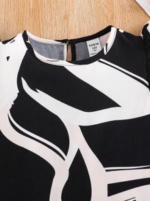 SHEIN Young Girl Fresh Fashion Pattern Round Neck Cap Sleeve A-Line Woven Dress