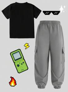 Conjunto de camiseta de manga corta con estampado de dinosaurio de dibujos animados y pantalones cargo informales para niño