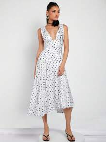 COSMINA Women's Elegant Polka Dot Midi Dress For Vacation, Commute And Daily Wear, Spring/Summer