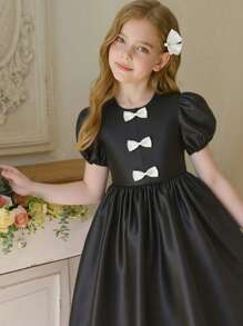 Vestido de bloque de color negro y blanco con decoración en 3D en forma de lazo elegante y minimalista para niña preadolescente, adecuado para salidas, escuela y fiestas - Negro - Ver 3