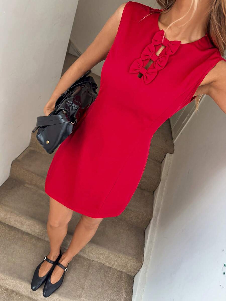 SHEIN LUNE Crew Neck Sleeveless Front Bowknot Waist A-Line Casual Vacation Elegant Dress, Red, Short Dresses For Women Elegant Birthday Dresses For Women Graduation Dress Concert Outfit Women