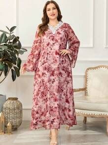 Al Najma Plus Size Loose Minimalist Printed Casual Dress - Red - View 5