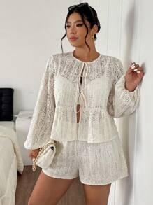 SHEIN Frenchy 2pcs/Set Plus Size Women Tie-Front Lantern Sleeve Top And Shorts Set - Apricot - View 6