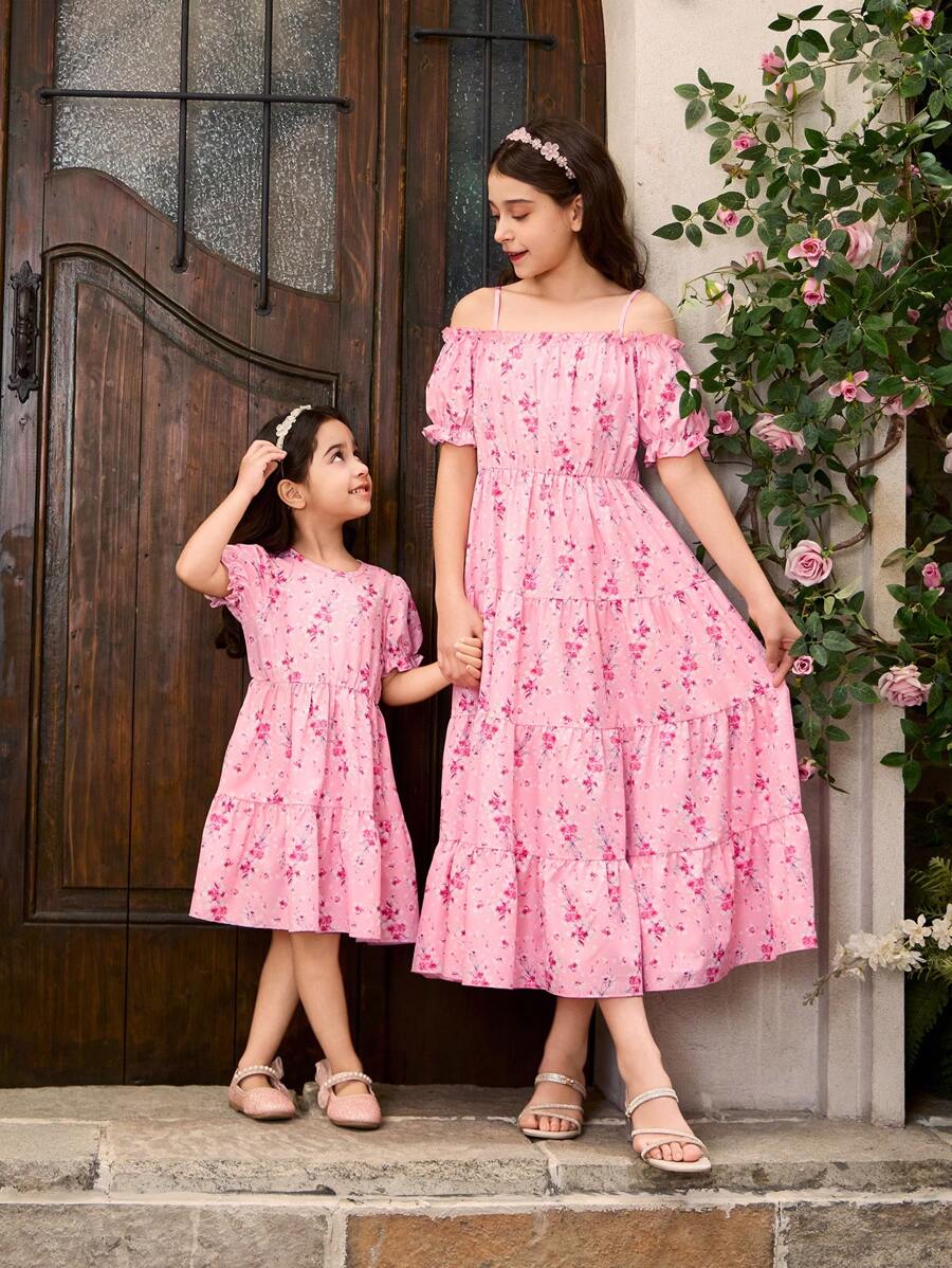 SHEIN 1 件 Tween 女童花卉印花连衣裙,可爱设计,休闲简约风格,采用柔软有弹性的数码印花面料制成,适合日常穿着、聚会和拍照 - 粉色 - 查看 1