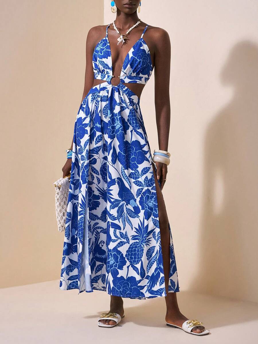 Slaydiva Summer New Casual Vacation Hollow Tie-Up Blue & White Printed Dress For Women - Blue and White - View 1