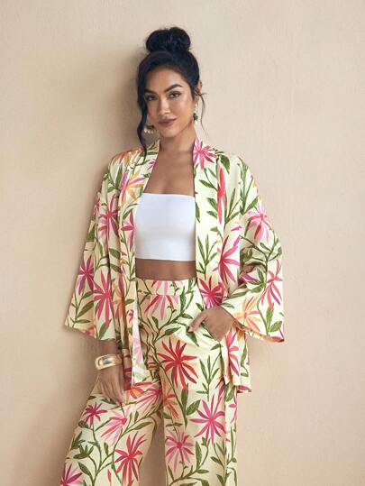 Miriam Omar 设计师彩色印花休闲宽松喇叭袖沙滩度假和服女士夏季服装女装女式夏季上衣