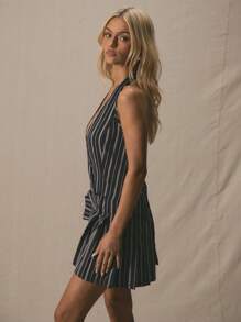 MUSERA 露背前开衩条纹腰带褶皱迷你连衣裙春夏可爱度假