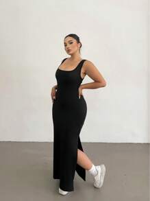 Flirla Plus Size Women Solid Color Backless Twisted Open-Back Sleeveless Slit Hem Dress - Black - View 7