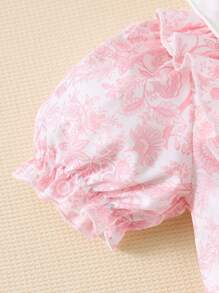 Souflis Souflis Babymeisje Lente/Herfst Casual Schattig Comfortabel Ronde Hals Kraag Digitaal Bloemen All Over Print Korte Mouw Pofmouw Romper