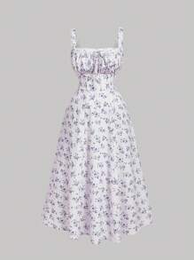 SHEIN MOD 大码花卉印花露背蕾丝边长裙，方领浪漫假日连衣裙，适合度假 - 彩色 - 查看 1