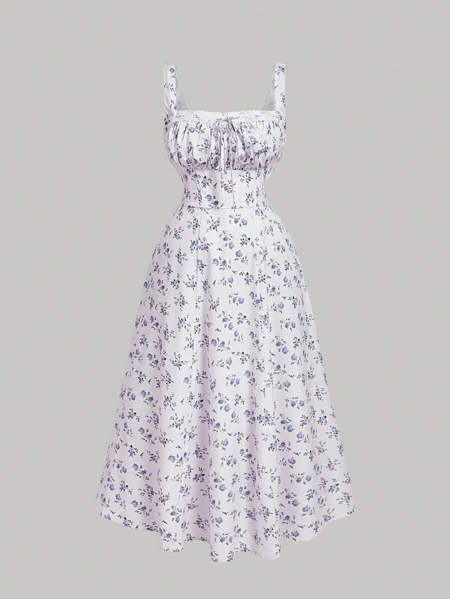 SHEIN MOD 大码花卉印花露背蕾丝边长裙，方领浪漫假日连衣裙，适合度假 - 彩色 - 查看 1