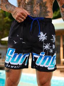 Manfinity Swimmode Men's Coconut Tree & Letter Print Beach Shorts