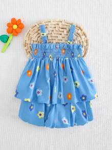 Cozy Pixies 2 件套女婴套装：3D 花朵吊带上衣和松紧腰短裤 - 藍色 - 查看 2