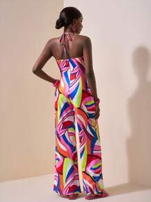 Slaydiva 休闲抽象印花挂脖系带连体裤，夏季 - 彩色 - 查看 2