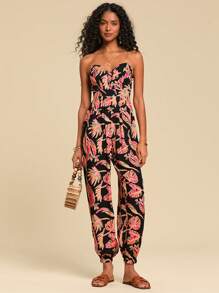 Travachic Vacation Casual Plant Print Bandeau Jumpsuit,Vacation Outfit,Suitable For Summer,Summer Outfits For Women,Summer , Summer Clothes,Women,Concert Outfit Women,Boho,Tropical Vacation