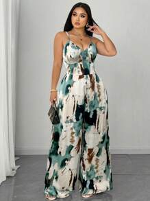 SHEIN Clasi 大码女式扎染印花宽腿无袖连体裤