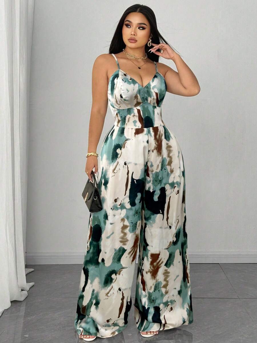 SHEIN Clasi 大码女式扎染印花宽腿无袖连体裤