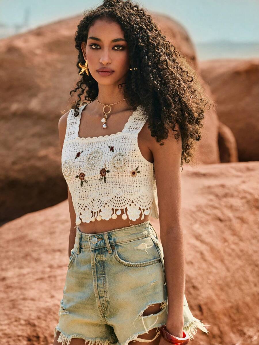 Poéselle Hollow Out Embroidered Beaded Crochet Sleeveless Knit Top, Spring/Summer - White - View 1