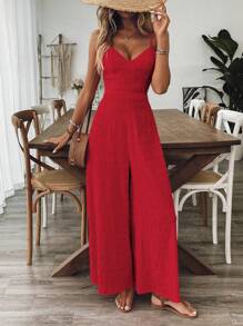 Breezaya Tuta da donna con scollo a V e schienale scoperto, con fiocco e lacci, colore lampone, per primavera/estate