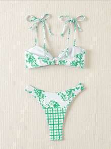 SHEIN Swim 女式清新碎花拼布图案系带比基尼上衣和高腰泳裤套装 - 薄荷綠 - 查看 2