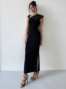 Firerie Women's Elegant Minimalist Romantic Vacation Black Asymmetrical Neckline Cap Sleeve Mesh Fitted Dress, Suitable For Casual Daily Wear - Black - View 4
