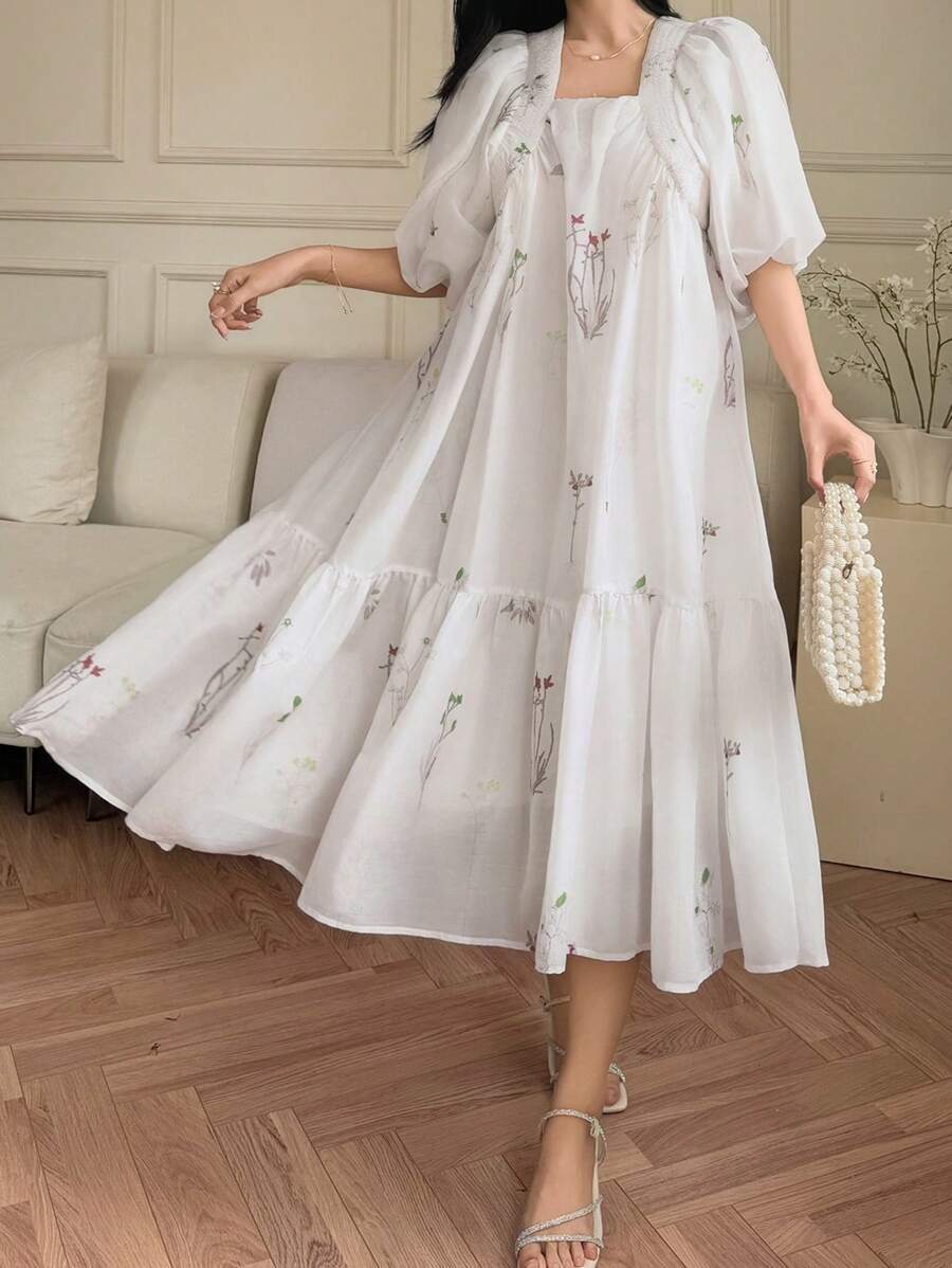 DAZY V-Neck Flower Print Lantern Sleeve Women's Mid-Length Dress Floral - Beige - View 1