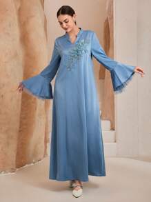 Graceveil 女士优雅阿拉伯风格花卉贴花 V 领喇叭袖连衣裙，端庄 - 藍色 - 查看 4