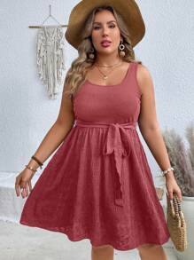 SHEIN VCAY 大码无袖 V 领系带拼接中长连衣裙，度假风格