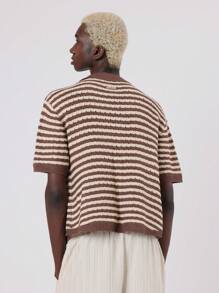SUMWON Vintage Style Crochet Polo Shirt Button Down Summer Retro Casual Short Sleeve Knitted Top Resort Wear Vacation Ribbed Texture Light Preppy Beach - Brown - View 2