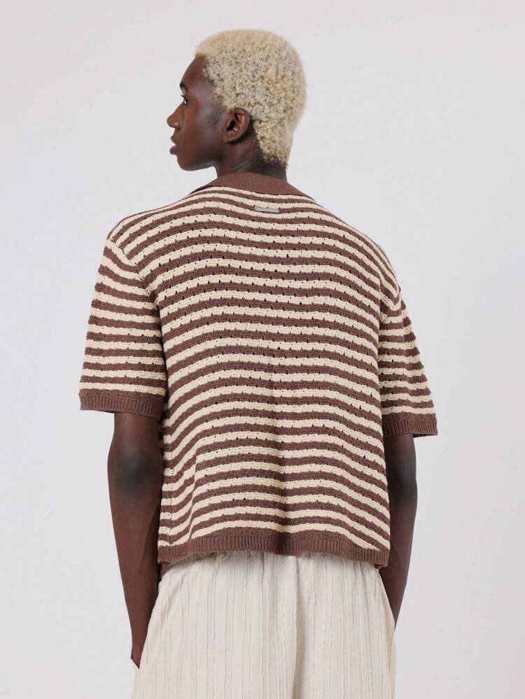SUMWON Vintage Style Crochet Polo Shirt Button Down Summer Retro Casual Short Sleeve Knitted Top Resort Wear Vacation Ribbed Texture Light Preppy Beach